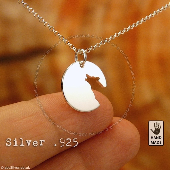 Lone Moon Wolf Animal, Sterling Silver .925 Chain & Thick Solid Pendant, Handmade