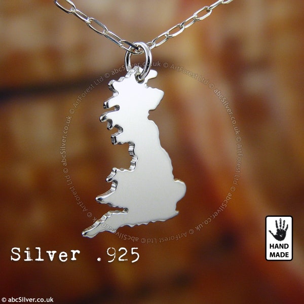 Collier carte de la GRANDE-BRETAGNE fait main en argent sterling .925 - Cadeau parfait