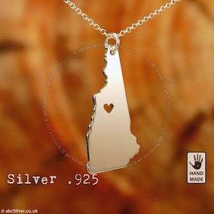 New Hampshire State Map Concord, Sterlingsilber .925 Kette & dicker massiver Anhänger, handgefertigt, personalisiert