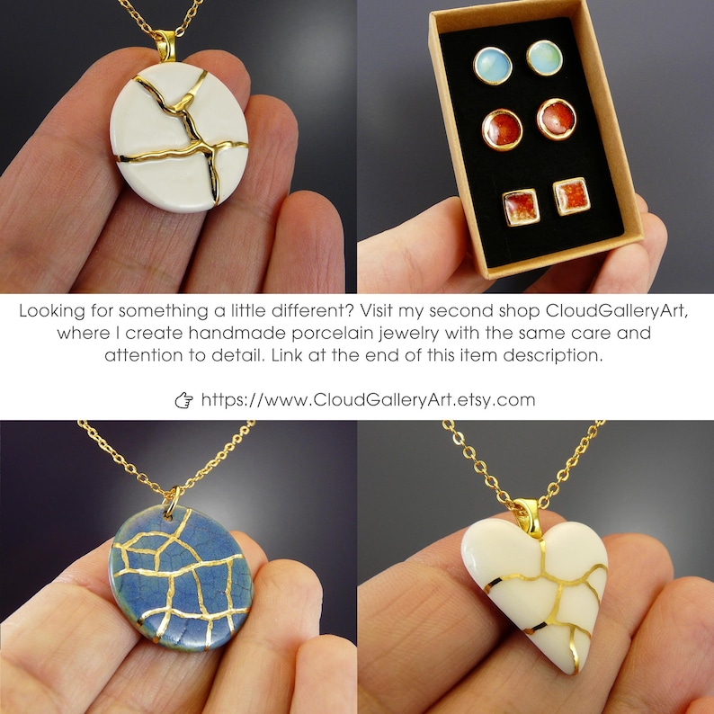 The image is a collage of four photos showcasing various handmade porcelain jewelry pieces, including a necklace with a pendant, a box containing earrings, a pendant with a blue and white design, and a heart-shaped pendant with a white design.