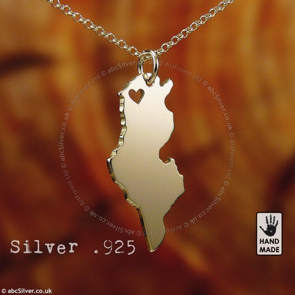 Collier carte de la TUNISIE fait main en argent sterling personnalisé - Cadeau parfait