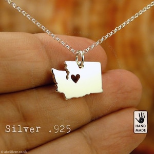 Collier carte de l'État de Washington fait main en argent sterling .925 - Idée cadeau