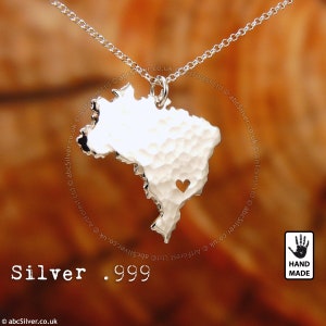Carte du BRÉSIL fait main personnalisé martelé en argent fin .999 collier - idée cadeau