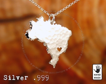 BRAZIL Map Handmade Personalized Hammered Fine Silver .999 Necklace  - Perfect Gift
