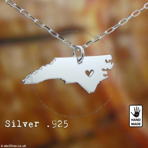 North Carolina State Map Handmade Personalized Sterling Silver .925 Necklace - GIFT Idea