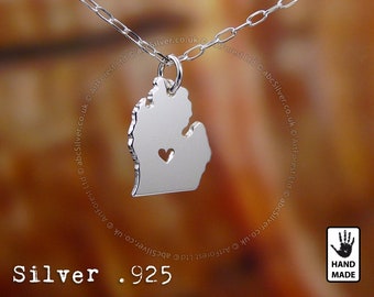 Michigan State pendant, sterling  silver chain, custom heart - Perfect Gift