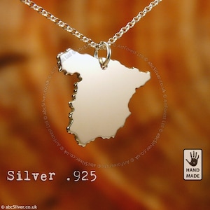 Carte de l'ESPAGNE - Collier personnalisé fait main en argent sterling .925 - Idée cadeau
