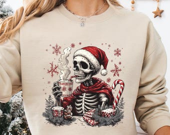 Spooky Skeleton Christmas Shirt, Gothic Holiday T-Shirt, Skeleton Santa Coffee Tee, Dark Christmas Graphic Sweatshirt