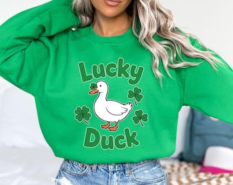 Lucky Duck St Patrick Day Sweatshirt, Mallard and Shamrocks Shirt, Shamrock and Duck Printed Paddys Day Shirt, Irish Day Shirt