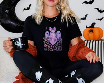 Checkered Halloween Ghost Shirt, Floral Cottagecore Tee