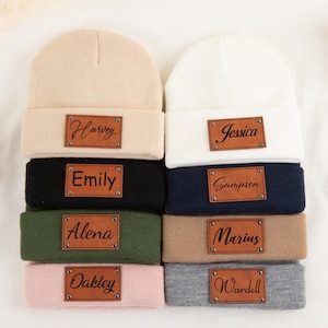 Custom Baby Beanie Hat,Adult Kids Hat with Name Patch,Kids Christmas Gift,Fall Winter Toddler Hat for Boys Girls,Leather Name Patch Beanie