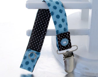Pacifier Clip with Snaps Double Sided - blue polka dots/brown polka dots