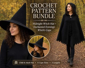 Crochet Witch Costume Pattern: Hooded Cape & Hat (PDF Digital Download)