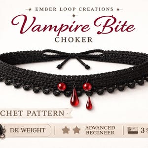 Patrón de gargantilla de ganchillo "Mordedura de Vampiro" – Estilo gótico con cuentas (PDF, 3 tamaños)