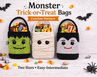 Crochet Trick-or-Treat Bag Pattern – Frankenstein, Mummy, Vampire (PDF Download)