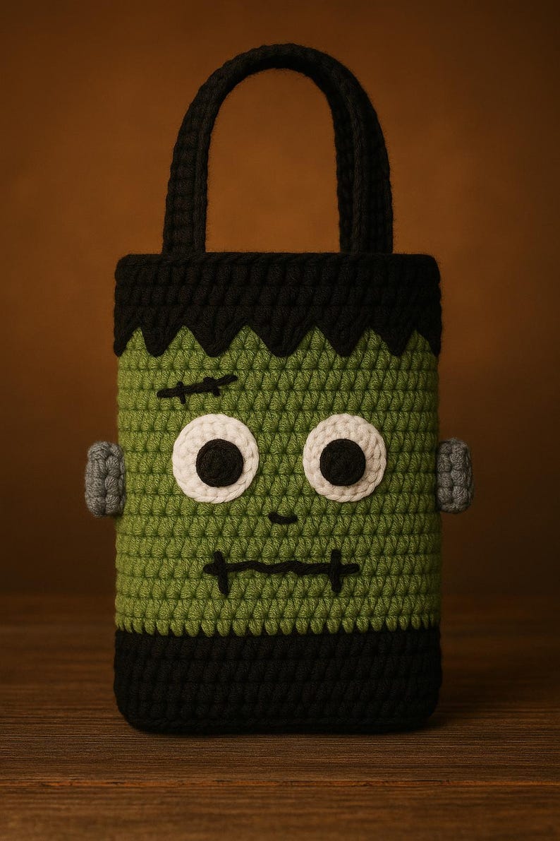 May include: A handmade crochet bag in the shape of Frankenstein's monster. The bag features a green body, black hair and accents, and white eyes. The bag has a handle and is perfect for Halloween.