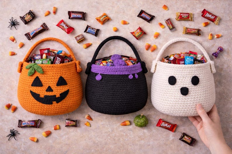 Crochet Trick or Treat Bag Pattern – Pumpkin, Cauldron, Ghost Designs (PDF Download) image 2