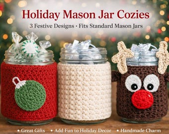 Crochet Mason Jar Cozy Trio Pattern | Reindeer, Ornament, Classic Star Stitch (PDF Download)