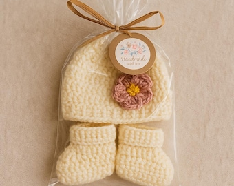 Crochet Baby Hat & Booties Gift Set – Cream with Floral Accent