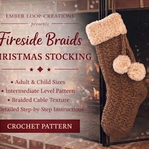 Patrón de calcetín navideño de ganchillo Fireside Braids – Textura de trenzas (Descarga en PDF)