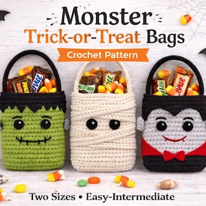 Crochet Trick-or-Treat Bag Pattern – Frankenstein, Mummy, Vampire (PDF Download) image 1