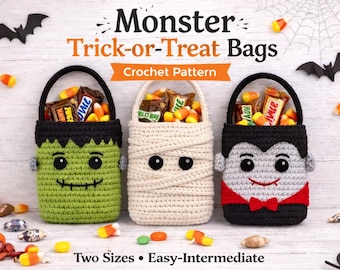 Crochet Trick-or-Treat Bag Pattern – Frankenstein, Mummy, Vampire (PDF Download)