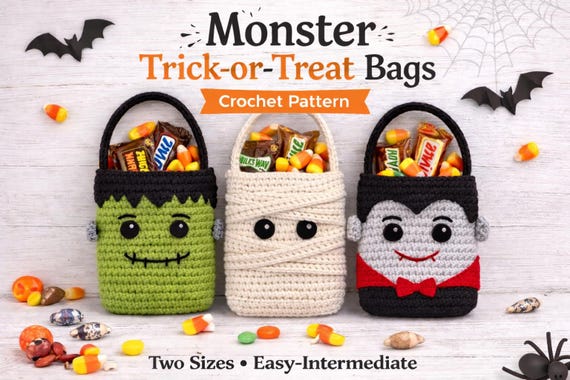 Crochet Trick-or-Treat Bag Pattern – Frankenstein, Mummy, Vampire (PDF Download)