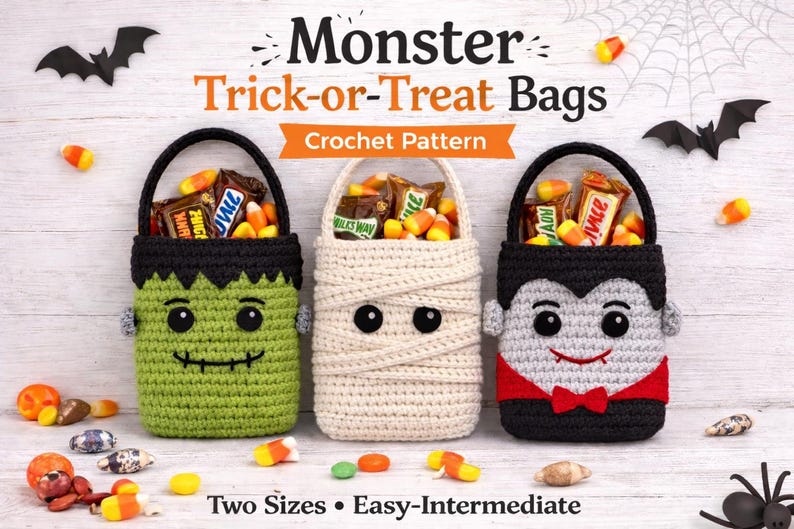 Crochet Trick-or-Treat Bag Pattern – Frankenstein, Mummy, Vampire (PDF Download) image 1