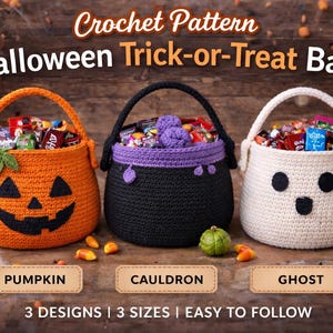 Crochet Trick or Treat Bag Pattern – Pumpkin, Cauldron, Ghost Designs (PDF Download) image 1