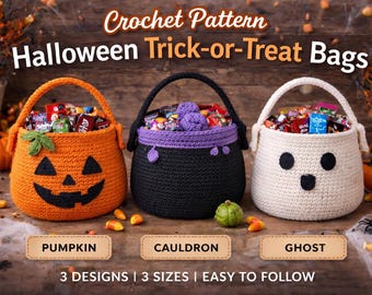 Crochet Trick or Treat Bag Pattern – Pumpkin, Cauldron, Ghost Designs (PDF Download)