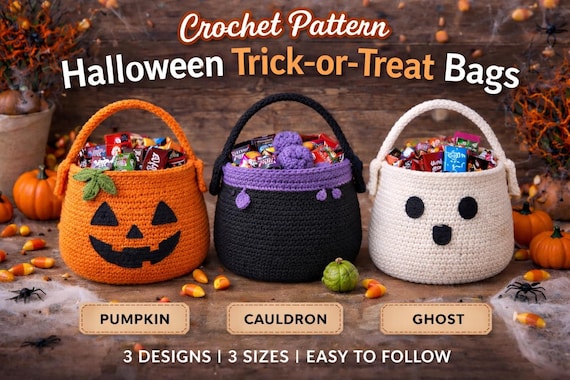 Crochet Trick or Treat Bag Pattern – Pumpkin, Cauldron, Ghost Designs (PDF Download)