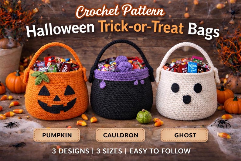 Crochet Trick or Treat Bag Pattern – Pumpkin, Cauldron, Ghost Designs (PDF Download) image 1