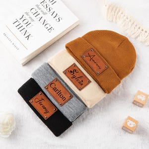 Personalized Baby Beanie, Knitted Winter Hat, Unique Baby Shower Gift,Leather Name Patch Beanie,Baby Hat with Name,Newborn Baby Gift