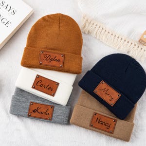 Personalized Baby Hat with Name, Leather Patch Beanies for Baby, Personalized Baby Name Hat, Baby Knit Hat with Name, Custom Infant Beanie