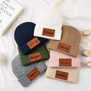 Personalized Baby Name Hat,Baby Hat with Name,Toddler Beanie,Leather Patch Beanie,Customized Baby Hat, Baby Knit Hat with Name