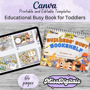 Könnte beinhalten: Ein druckbares und editierbares Lernspielbuch für Kleinkinder mit 64 Seiten. Der Einband zeigt ein Bauthema mit einem gelben und orangefarbenen Baufahrzeug und einem Arbeiter mit einem Helm. Der Titel lautet "Builders' Busy Bookshelf".