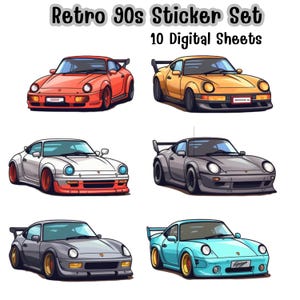 Op de afbeelding: Een set van 10 digitale sticker vellen met illustraties van klassieke sportwagens in retro 90s stijl in verschillende kleuren. De auto's zijn afgebeeld in een cartoon stijl met overdreven kenmerken.