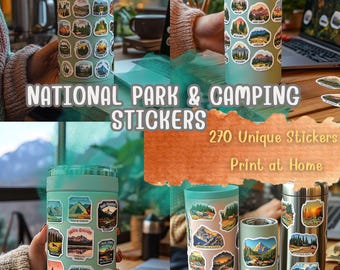 May include: A set of 270 printable National Park and Camping stickers. The stickers feature illustrations of various national parks and camping scenes. The stickers are designed to be printed at home.