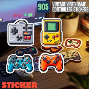May include: A collection of colorful 90s vintage video game controller stickers. The stickers feature various designs, including a gray controller, a yellow handheld console, and several gamepad designs in blue and orange. The word "STICKER" is at the bottom.