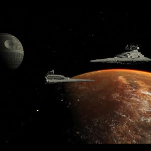 Könnte beinhalten: Eine digitale Illustration einer Weltraumszene mit dem Todesstern, zwei Sternenzerstörern und einem Planeten. Der Todesstern ist eine große, graue Kugel mit detaillierter Oberfläche. Die Sternenzerstörer sind graue, keilförmige Raumschiffe. Der Planet ist rotbraun.