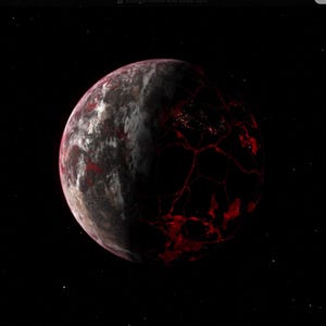 以下が含まれることがあります： ひび割れた表面を持つ惑星のデジタルレンダリング。赤、グレー、黒の色合いが特徴です。惑星は、散らばった白い星が散りばめられた黒い背景に配置され、宇宙的なシーンを作り出しています。