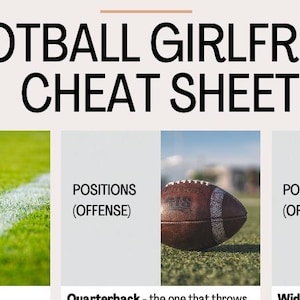 May include: A Football Girlfriend Cheat Sheet with sections on scoring and offensive positions. The image includes a football on the grass, a football field, and text that reads "Touchdown = 6 points" and "Quarterback - the one that throws".