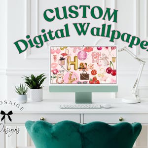 May include: A white desk with a green chair, a computer monitor displaying a pink and white digital wallpaper with the text "CUSTOM Digital Wallpaper", and a white lamp. The text "MADSAIGE Designs" is on the desk.