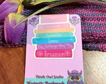 Jane Austen Magnetic Bookmark | Hand-Drawn Bookstack Art | Durable Laminated Page Marker | Book Lover Gift | Literary Accessory