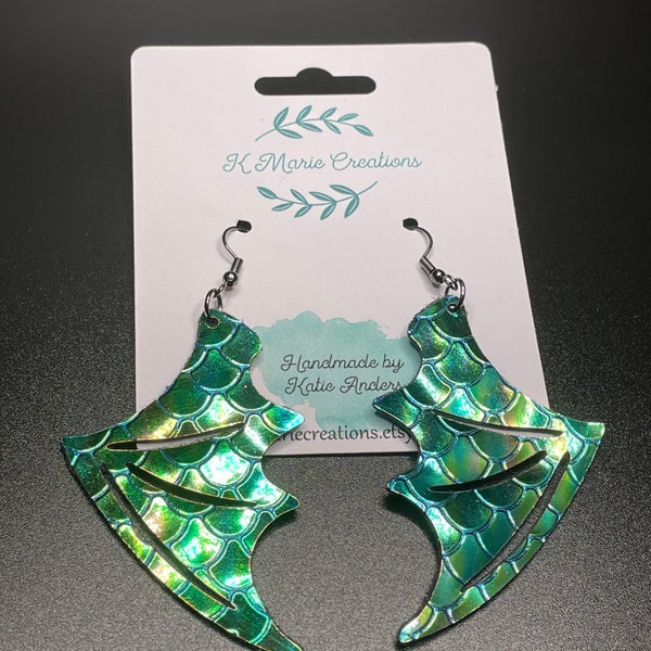 Blue/green colorshift Dragon wing faux leather dangle earrings double sided