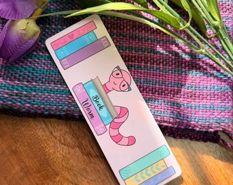 Bookworm Bookmark • Hand-Drawn Worm, Pink Book Stack • Laminated