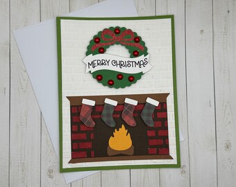 Merry Christmas, Stockings by the fireplace Christmas Card, Hand made