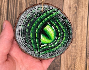 Hand Painted Green Dragon Eye wood slice ornament