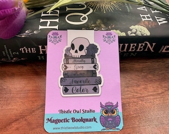 Morally Gray Magnetic Bookmark | Hand-Drawn Book Stack & Skull | Literary Villain Bookmark | Durable Laminated Page Marker | Book Lover Gift