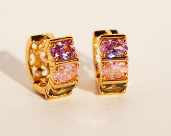 24k Gold Huggie Earrings: Baguette Zircon Dangle Hoops